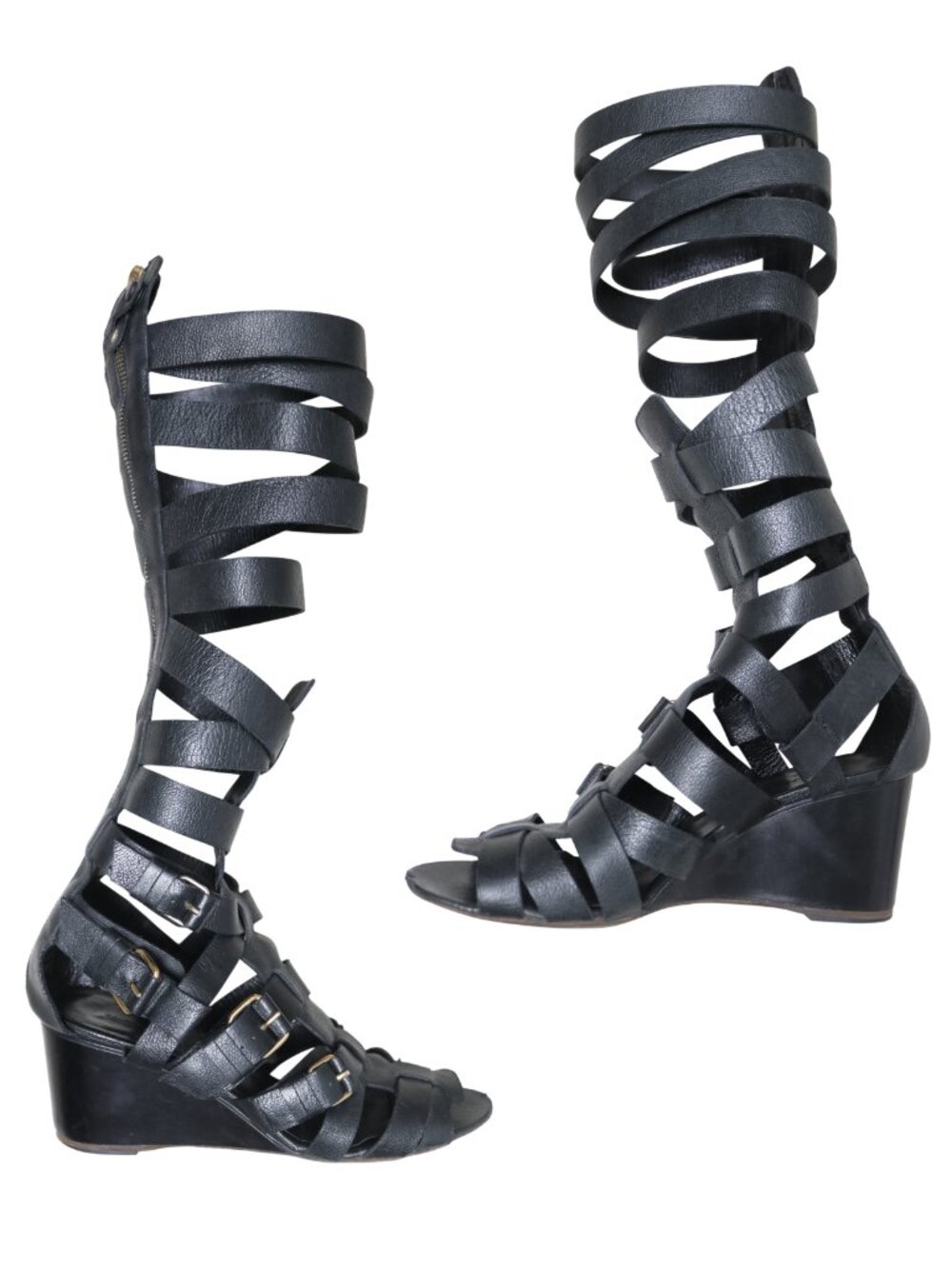 Authentic Balenciaga leather gladiator gold tone buckle wedge sandals